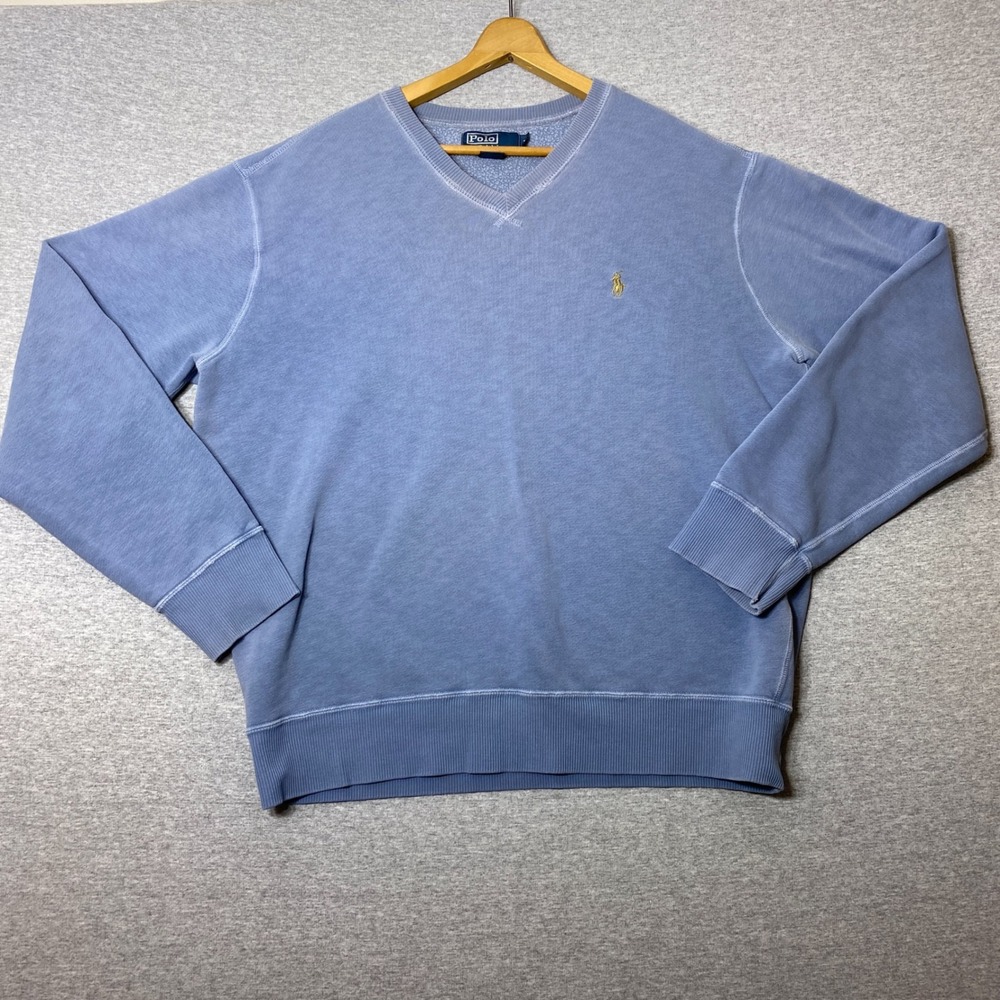Polo Ralph Lauren Reverse Weave V-Neck Sweatshirt Blue Yellow Pony Mens Large